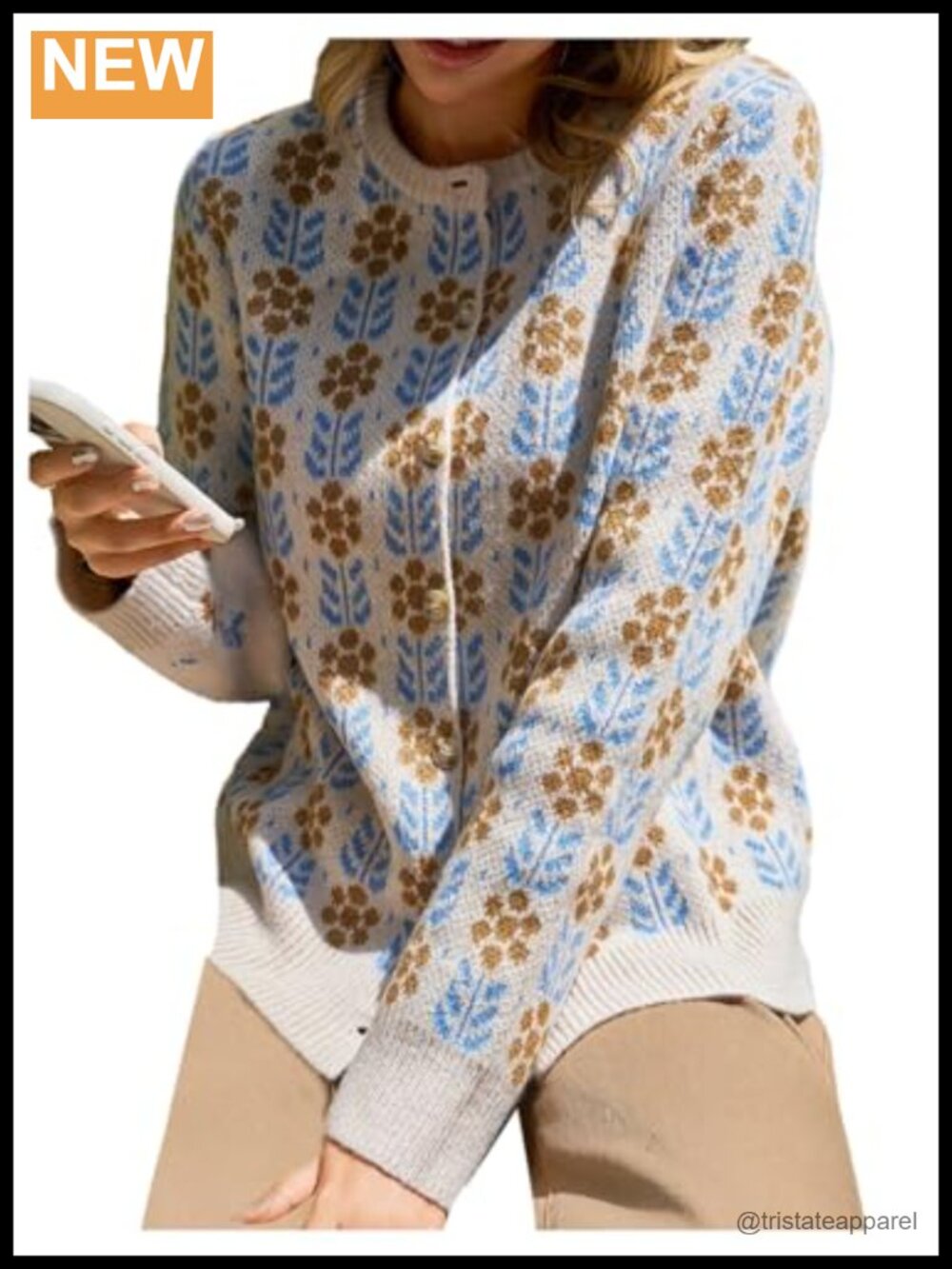 Women's Floral Button Down Cardigan Crew Neck Long Sleeve Knit Fall Office